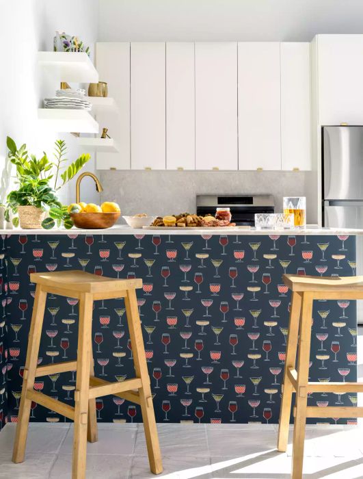 wallpapered bar in a kitchen