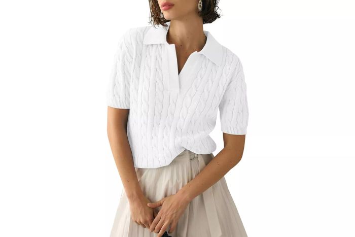 Imily Bela Women's Short-Sleeve Cable Knit Sweaters, Solid Lapel V-Neck Casual Pullover Tops