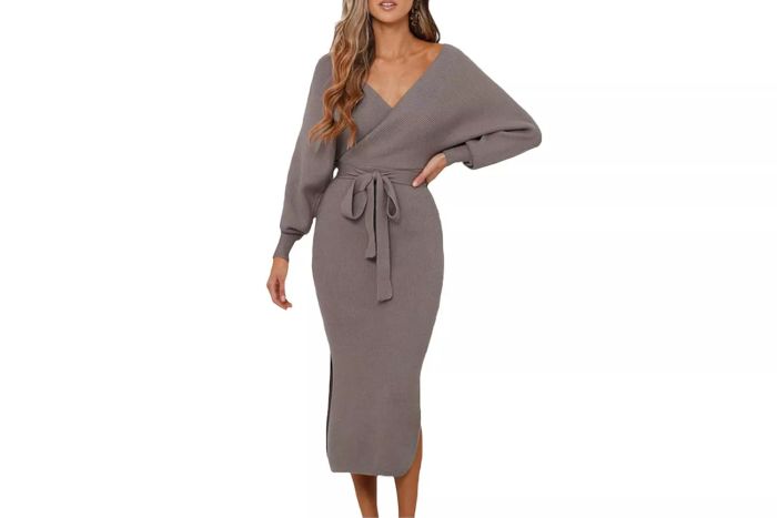 Viottiset Women's V-Neck Long Batwing Sleeve Wrap Midi Knit Sweater Dress with Elegant Backless Design and Belted Slit