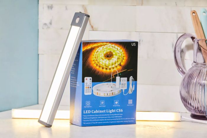 three under-cabinet lighting setups on a kitchen countertop