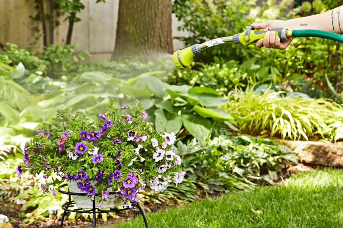 Person's hand using Relaxed Gardener Watering Wand to spray water onto flowers