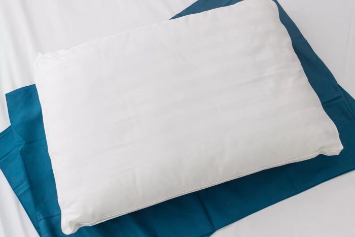 Close-up of The Company Store Dual Memory Foam and Gel Fiber Pillow placed on pillowcases atop a white sheet