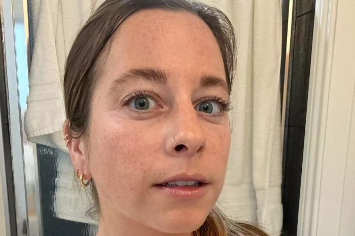 A person showcasing the results after applying Tower 28 SunnyDays SPF 30 Tinted Sunscreen