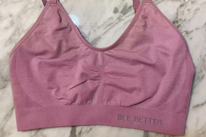 Bombas Ribbed Seamless Bralette placed on a countertop