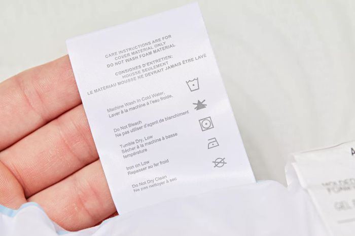 Tag showing care instructions for a foam pillow