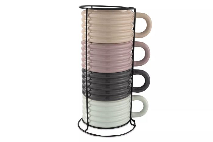 Thyme & Table 4-piece Ceramic Ribbed Stackable Mug Set