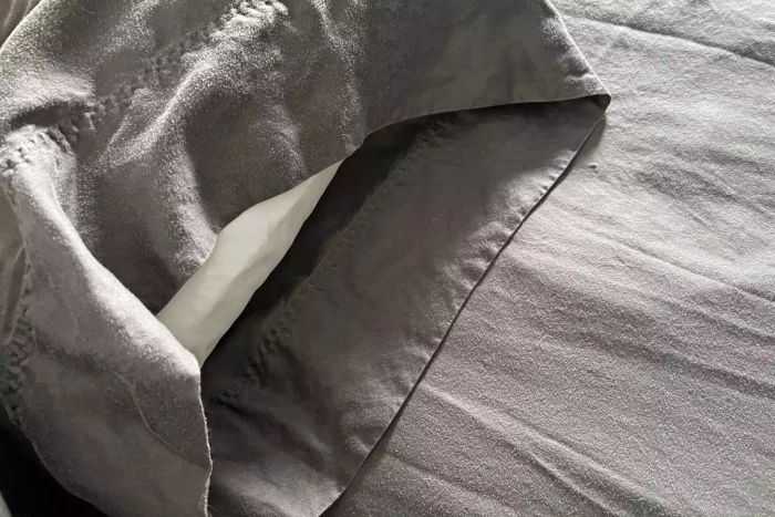 A pillow tucked inside the Sheets & Giggles Eucalyptus Lyocell Sheets Set pillowcase