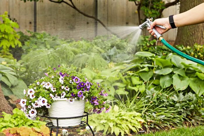 Hand using Gilmour Metal Front Threaded Hose Nozzle to spray water onto flowers