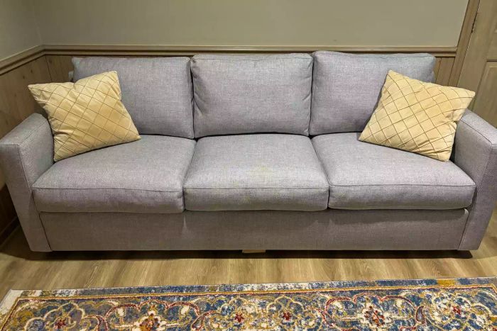 The Crate & Barrel Barrett II 3-Seat Queen Sleeper adorned with two decorative pillows