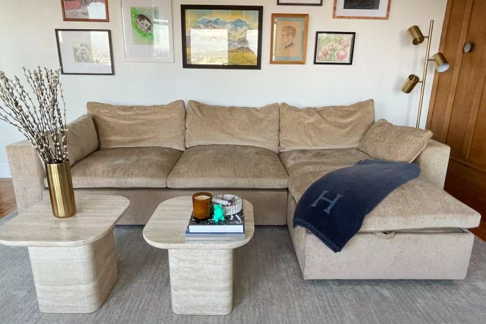 Stylish West Elm Harmony Modular 2-Piece Sleeper Sectional With Storage Chaise showcased in a home setting, complemented by side tables and a cozy blanket