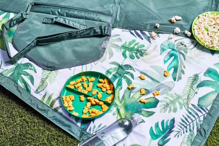 Little Unicorn Indoor/Outdoor Blanket laid out on grass with popcorn, goldfish snacks, and a water bottle placed on top