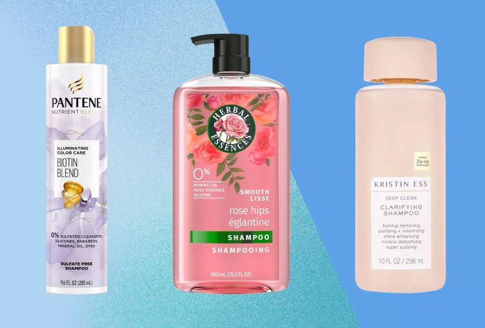 a collection of recommended drugstore shampoos displayed on a blue backdrop