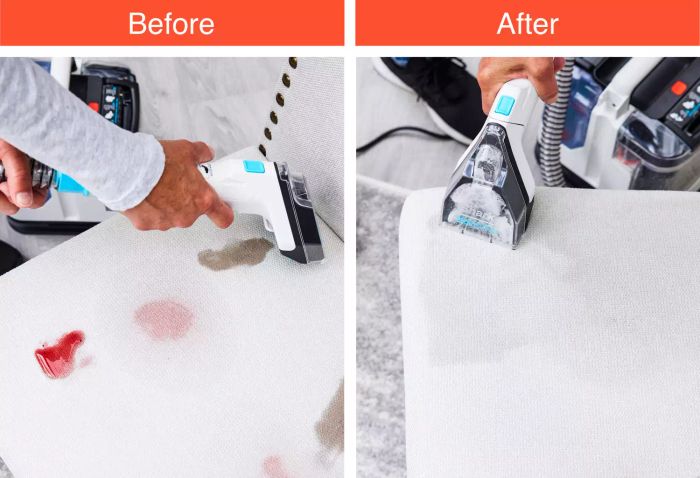 A before-and-after photo demonstrating the Shark PX201 StainStriker Portable Carpet Cleaner’s effectiveness on fabric
