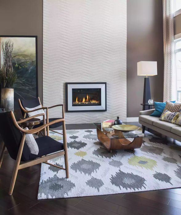 A living room featuring a large area rug.