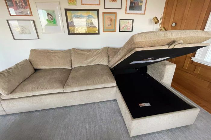 West Elm Harmony Modular 2-Piece Sleeper Sectional With Storage Chaise in the open position