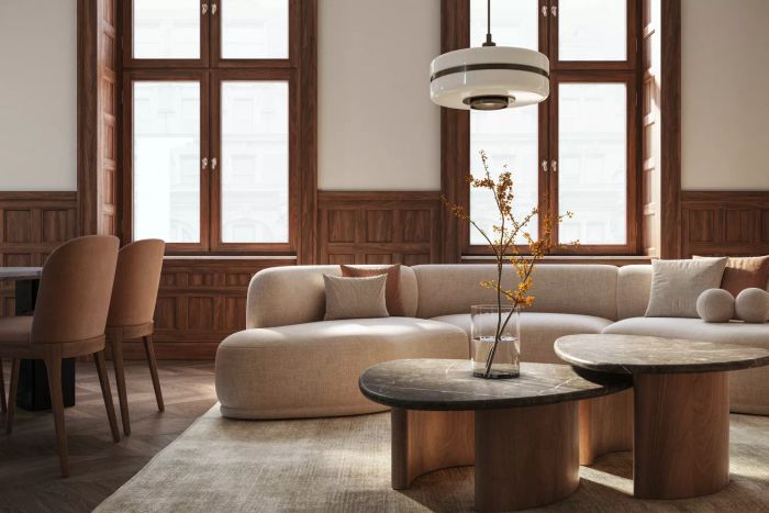 living room with dark wood