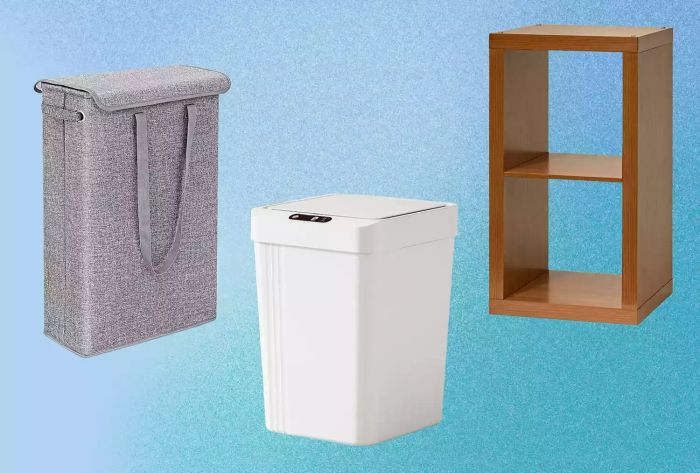 A collection of three recommended clever storage solutions against a blue backdrop.