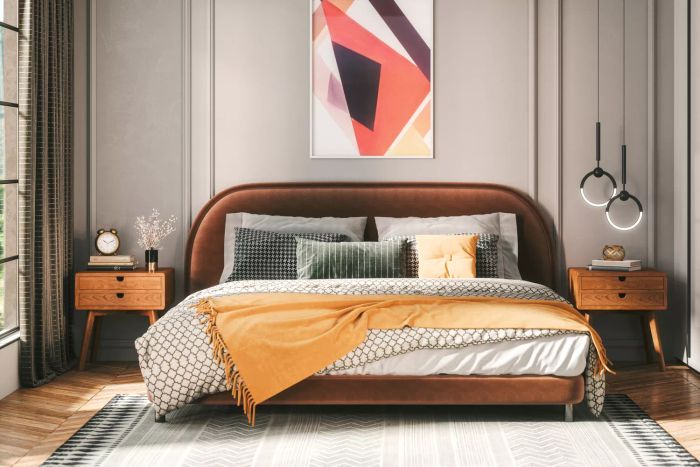 A modern cozy bedroom featuring contemporary furniture in soft pastel shades.