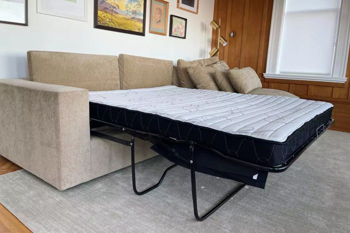 West Elm Harmony Modular 2-Piece Sleeper Sectional With Storage Chaise shown with the mattress extended
