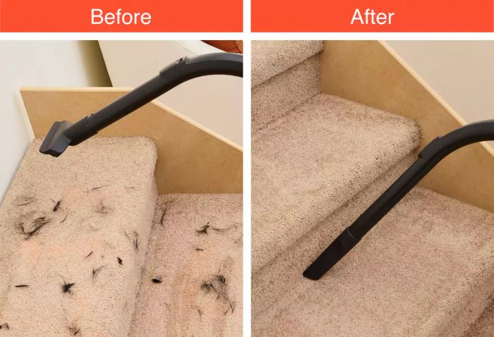 Stairs before and after being cleaned using the Miele Classic C1 Turbo Team PowerLine