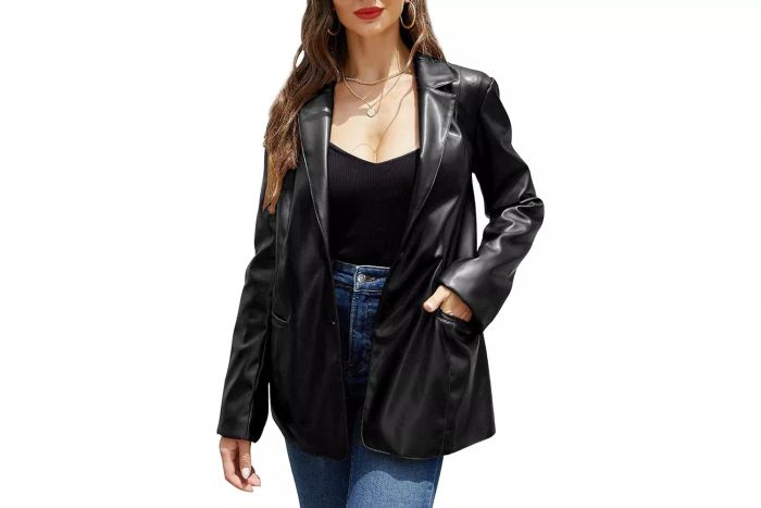 Amazon RISISSIDA Women's Faux Leather Blazer Jackets/Shacket, perfect for Spring and Fall fashion. Featuring Vegan Leather Button Down Shirts and Coats.