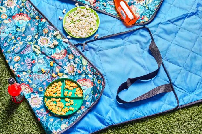Roebury Outdoor Picnic Blanket laid out on turf with popcorn, goldfish snacks, and bottles placed on top