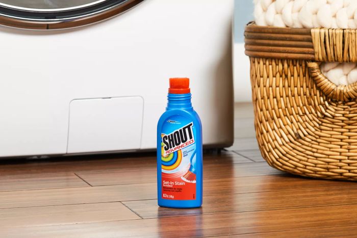 Shout Advanced Ultra Concentrated Gel Stain Remover displayed on a wooden floor