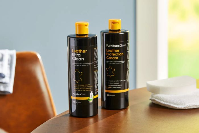 Furniture Clinic Large Leather Care Kit showcased on a wooden table