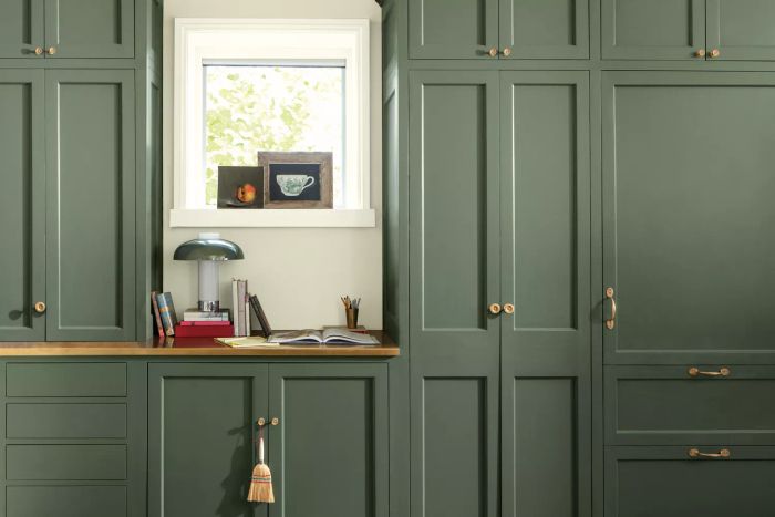 emerald-toned cabinetry