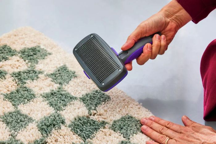 A person brushing the AllModern Walker Checkered Shag Area Rug