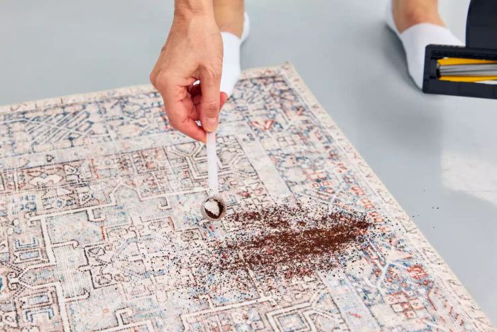 A person scattering dirt onto the Chris Loves Julia x Loloi Jules Oriental Area Rug