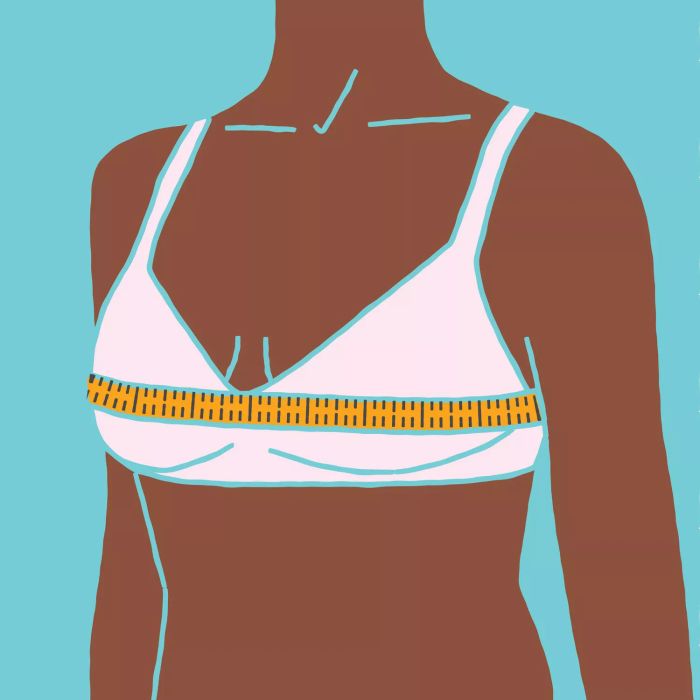 A graphic showing the process of measuring your bust size using a tape measure across the front of your bust.