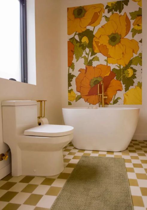 accent wall featuring poppy wallpaper cutouts