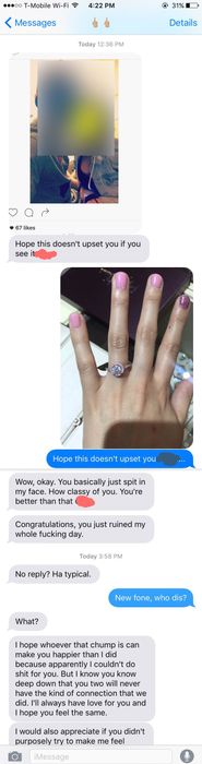 A person sends a photo of themselves kissing someone else, claiming they hope it doesn't bother the recipient. The recipient replies with a picture of their engagement ring, leaving the sender visibly upset.