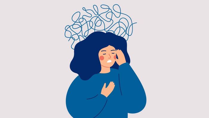 A depiction of an exhausted woman with chaotic lines emanating from her head, symbolizing her overwhelmed mental state