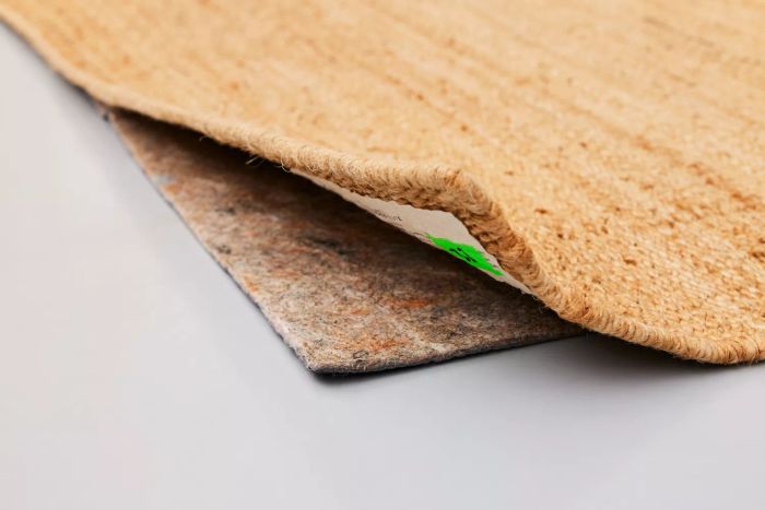 The Revival Hart Jute Rug is lifted to reveal the carpet pad underneath