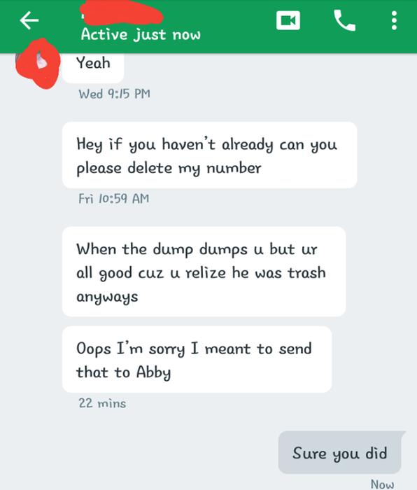 A person starts a conversation by requesting the recipient to delete their number, then adds, "when the dump dumps you but you're all good cuz you realize he was trash," only to later claim it was meant for someone else.