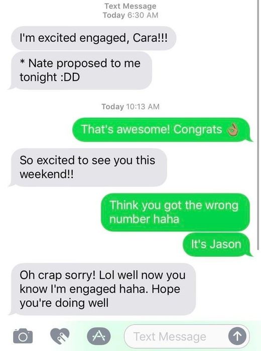 Someone announces their engagement and expresses excitement about meeting the recipient soon, their ex congratulates them but points out the wrong number, and the person responds with, "well now you know I'm engaged haha."
