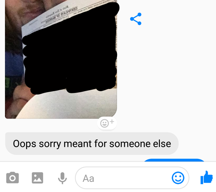 A screenshot of a message shows someone sending their marriage certificate with the caption, "Oops sorry, that was meant for someone else."