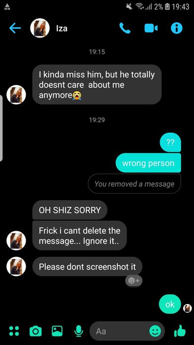 Someone admits, "I kinda miss him, but he doesn't care about me anymore," and when informed they sent it to the wrong person, responds with, "I can't delete the message, just ignore it."