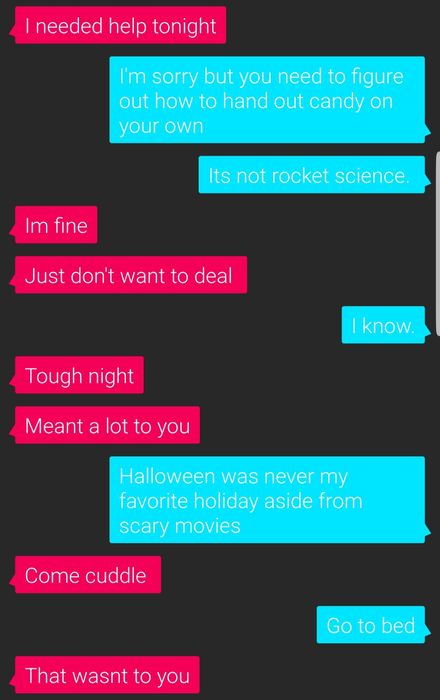 In an attempt to coax their ex into joining them for Halloween candy distribution, the person suggests, 