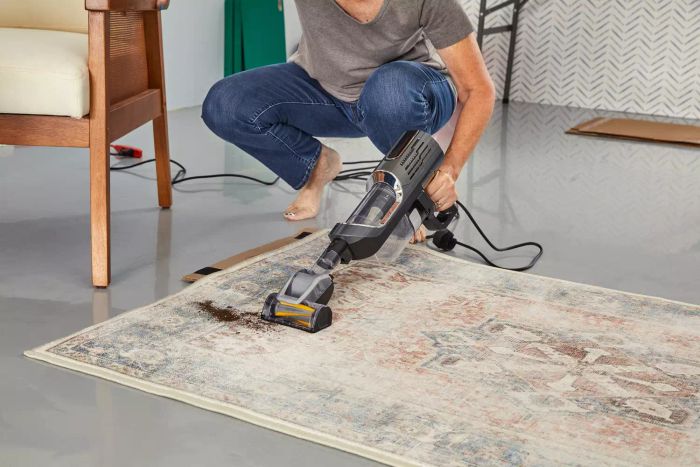 A person vacuuming the Ruggable Kamran Rug