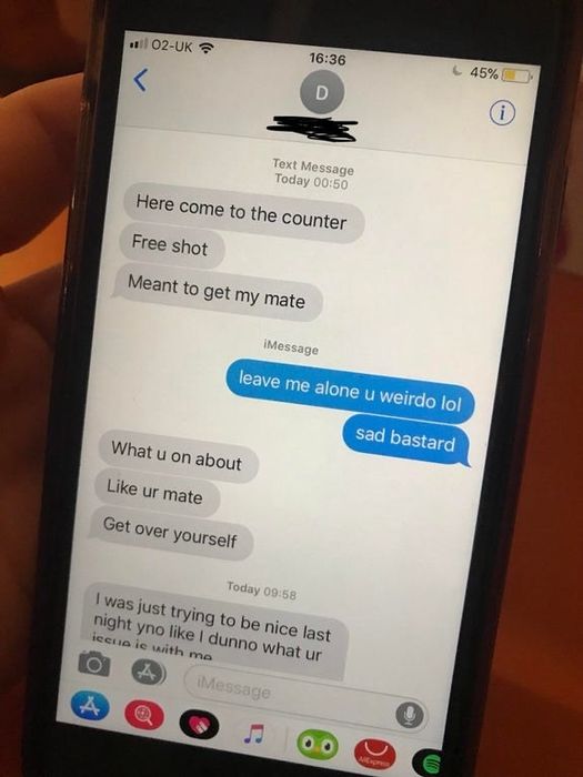 A screenshot shows an ex at the same bar inviting them over for a drink.