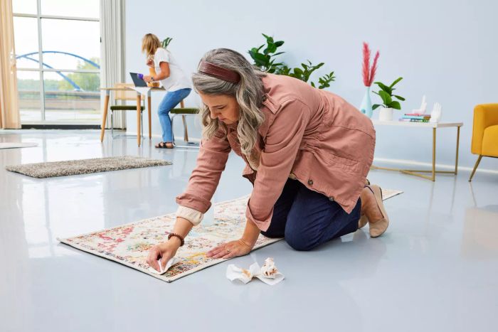 A person cleaning a stain on the corner of the Safavieh Crystal Collection Rug