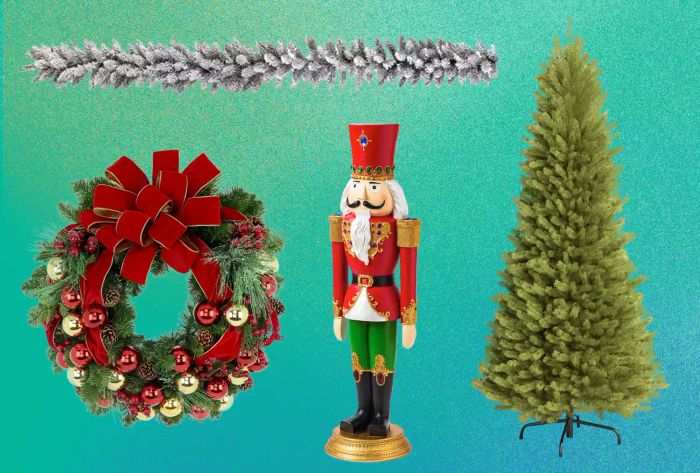 A festive assortment featuring garlands, trees, wreaths, and nutcrackers from Wayfair's Holiday Sale.