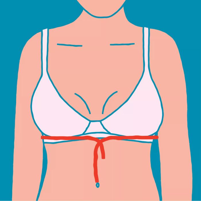 An illustration of someone using string to measure beneath the bust.