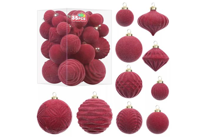 Super Holiday Velvet Christmas Ornaments Set, featuring 35PCS of flocked, shatterproof assorted hanging tree ball decorations. These beautiful ornaments are perfect for adding a touch of festive elegance to your home or holiday party decor. Available in a rich burgundy color, they bring a warm and stylish flair to your Christmas tree.