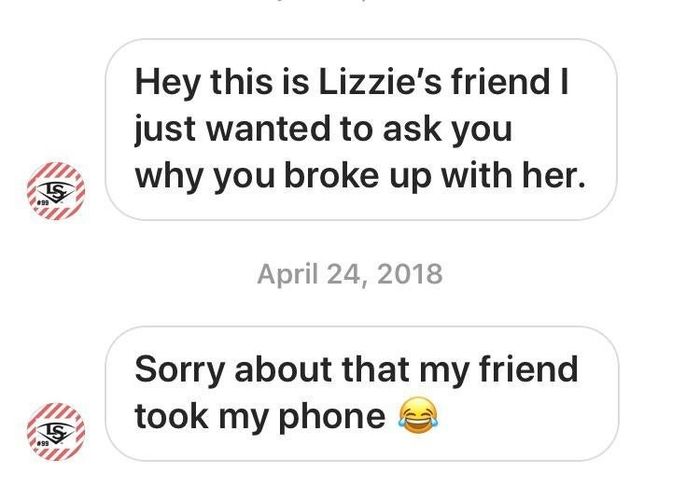 Someone texts their ex asking why they ended things, then quickly adds, "sorry about that, my friend took my phone," to downplay their interest.