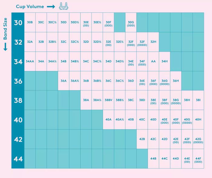 A bra size chart that includes band sizes and cup volumes, ranging from 30B to 44F.