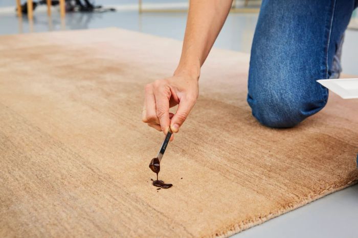 A person pouring chocolate sauce onto the Revival Dawn Ombre Wool Rug